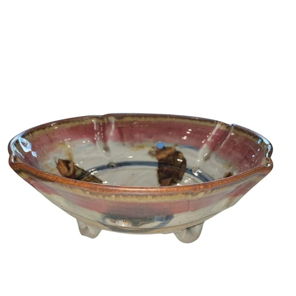 Handmade ET Signed Artisan Ceramic Berry Bowl Rustic Glazed Footed Colander
